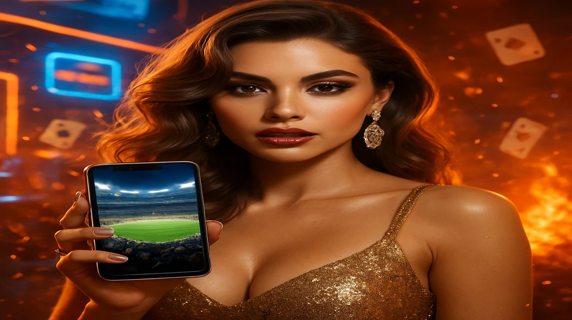 একটি সুন্দর নারী একটি ফোন ধরে যার স্ক্রিনে 7u777 অ্যাপ দেখা যাচ্ছে; স্ক্রিনে স্টেডিয়াম এবং চারদিকে উড়ন্ত কার্ড জ্বলন্ত আবহাওয়ায় ঘিরে আছে।
